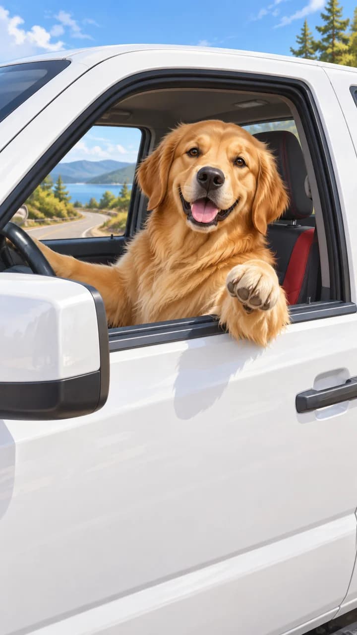 Concept illustration of a golden retriever at the window of a white pickup; not a generated-video sample